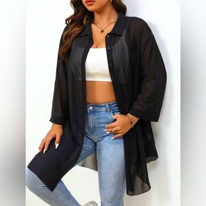 Women’s sheer rolled long sleeve button shirt in black